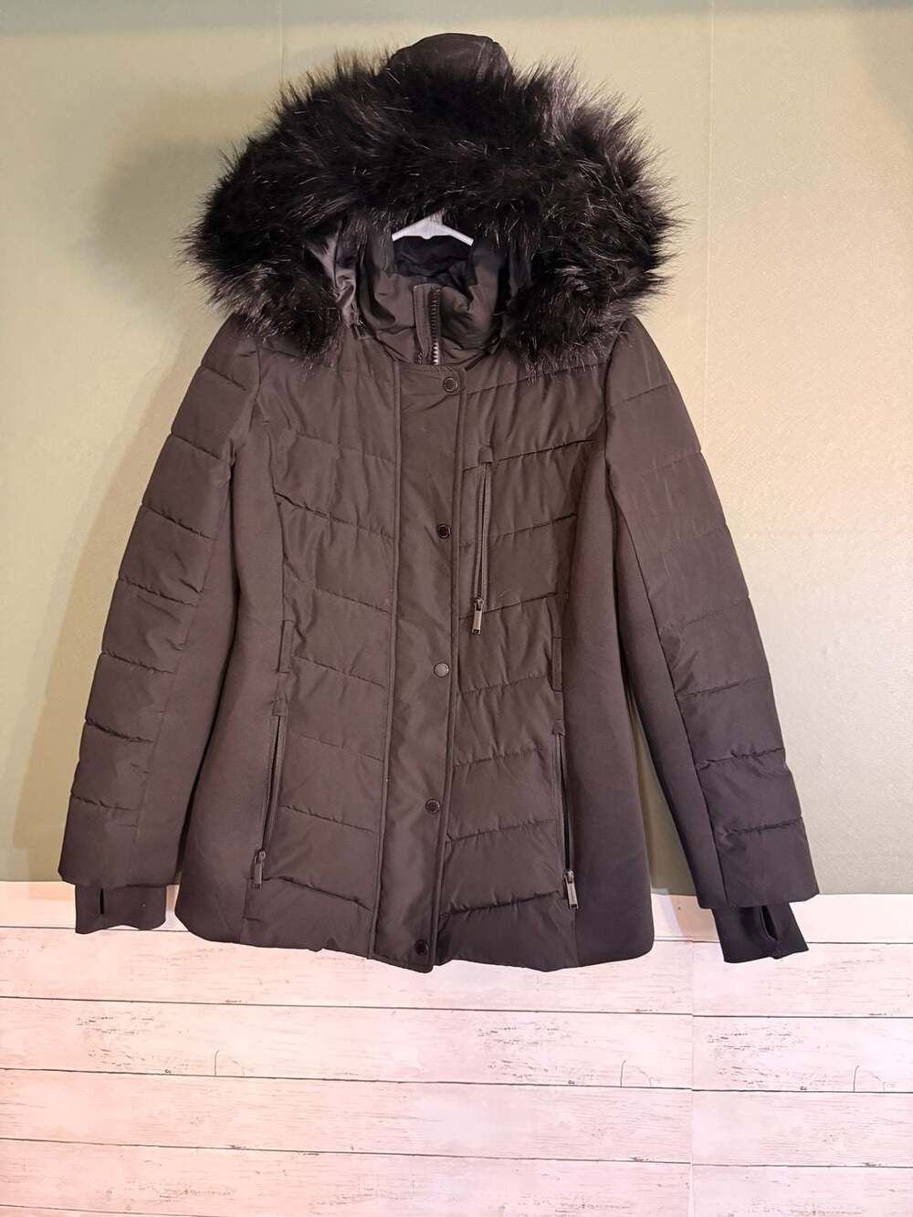 London Fog Puffer Jacket Size S Black Faux Fur Hood Winter Coat